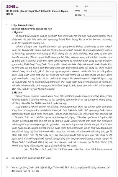 Bộ 10 đề thi giữa kì 1 Ngữ Văn 9 Kết nối tri thức có đáp án (Đề 8)