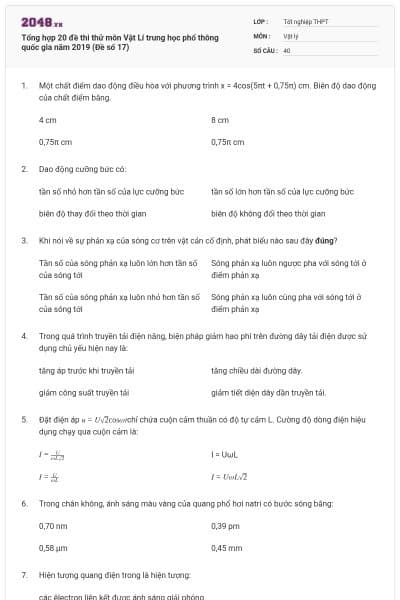Tổng hợp 20 đề thi thử môn Vật Lí trung học phổ thông quốc gia năm 2019 (Đề số 17)
