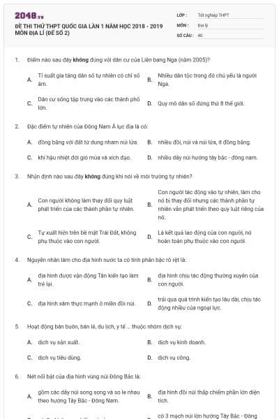 ĐỀ THI THỬ THPT QUỐC GIA LẦN 1 NĂM HỌC 2018 - 2019 MÔN ĐỊA LÍ (ĐẾ SỐ 2)