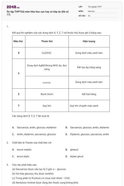 Ôn tập THPTGQ môn Hóa Học cực hay có đáp án (Đề số 17)