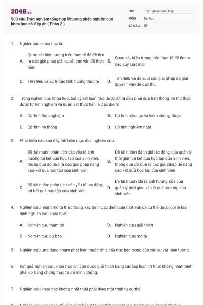500 câu Trắc nghiệm tổng hợp Phương pháp nghiên cứu khoa học có đáp án ( Phần 2 )