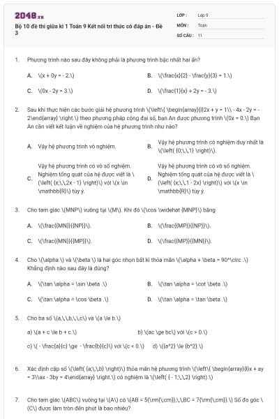 Bộ 10 đề thi giữa kì 1 Toán 9 Kết nối tri thức có đáp án - Đề 3