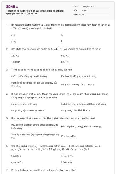 Tổng hợp 20 đề thi thử môn Vật Lí trung học phổ thông quốc gia năm 2019 (Đề số 19)