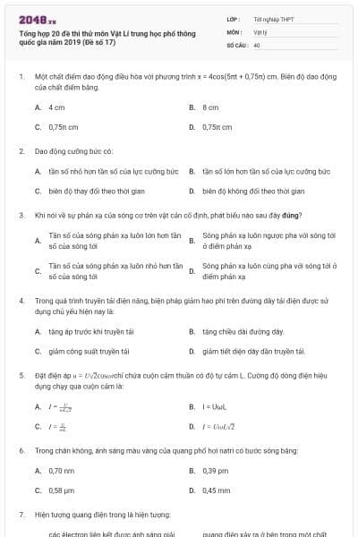 Tổng hợp 20 đề thi thử môn Vật Lí trung học phổ thông quốc gia năm 2019 (Đề số 17)