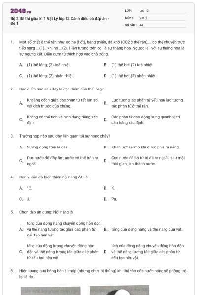 Bộ 3 đề thi giữa kì 1 Vật Lý lớp 12 Cánh diều có đáp án - Đề 1