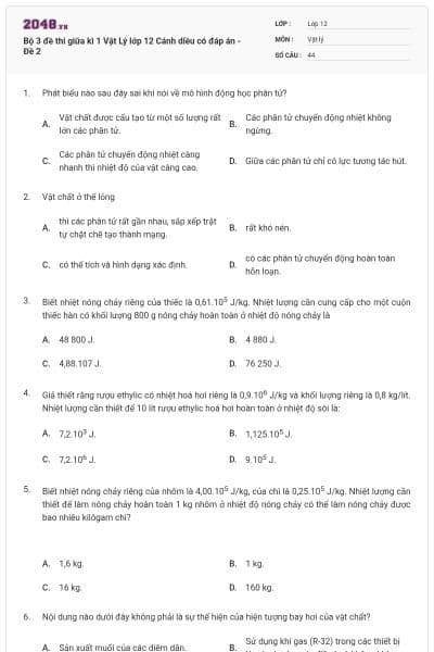 Bộ 3 đề thi giữa kì 1 Vật Lý lớp 12 Cánh diều có đáp án - Đề 2