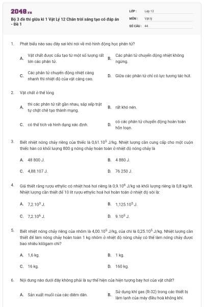 Bộ 3 đề thi giữa kì 1 Vật Lý 12 Chân trời sáng tạo có đáp án - Đề 1