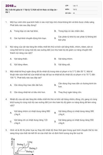 Bộ 3 đề thi giữa kì 1 Vật lý 12 Kết nối tri thức có đáp án - Đề 1