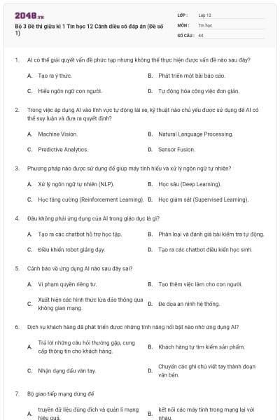 Bộ 3 Đề thi giữa kì 1 Tin học 12 Cánh diều có đáp án (Đề số 1)