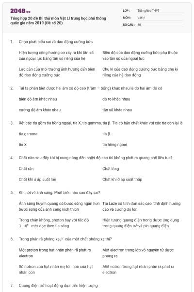 Tổng hợp 20 đề thi thử môn Vật Lí trung học phổ thông quốc gia năm 2019 (Đề số 20)