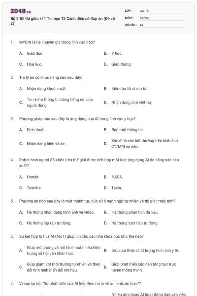 Bộ 3 Đề thi giữa kì 1 Tin học 12 Cánh diều có đáp án (Đề số 2)