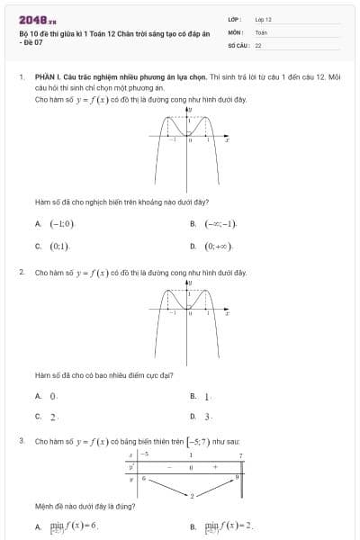 Bộ 10 đề thi giữa kì 1 Toán 12 Chân trời sáng tạo có đáp án - Đề 07