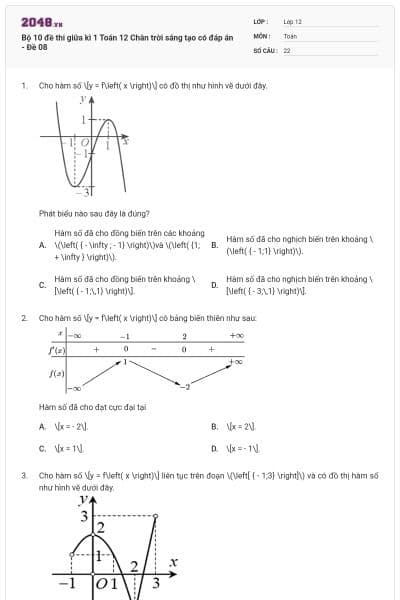 Bộ 10 đề thi giữa kì 1 Toán 12 Chân trời sáng tạo có đáp án - Đề 08