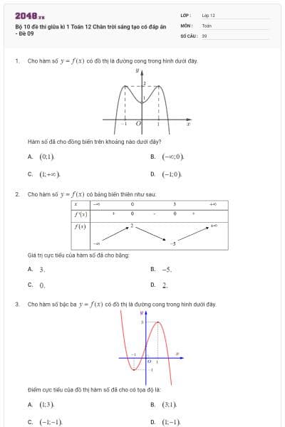 Bộ 10 đề thi giữa kì 1 Toán 12 Chân trời sáng tạo có đáp án - Đề 09