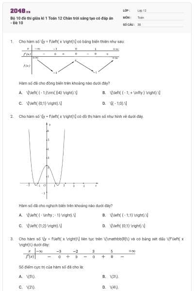 Bộ 10 đề thi giữa kì 1 Toán 12 Chân trời sáng tạo có đáp án - Đề 10