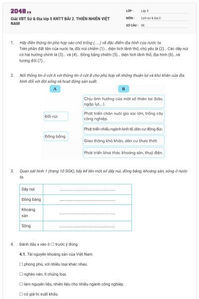Giải VBT Sử & Địa lớp 5 KNTT BÀI 2. THIÊN NHIÊN VIỆT NAM