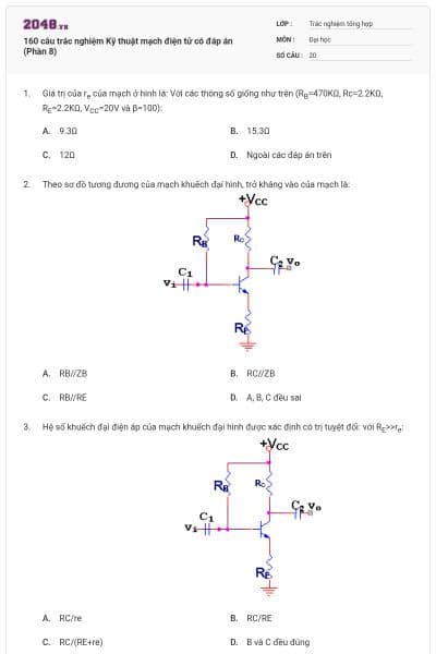 160 câu trắc nghiệm Kỹ thuật mạch điện tử có đáp án (Phần 8)