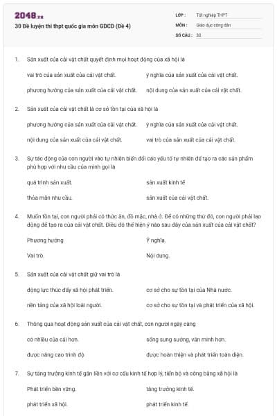 30 Đề luyện thi thpt quốc gia môn GDCD (Đề 4)