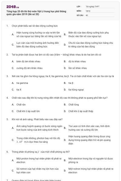 Tổng hợp 20 đề thi thử môn Vật Lí trung học phổ thông quốc gia năm 2019 (Đề số 20)