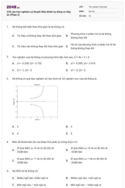 220 câu trắc nghiệm Lý thuyết điều khiển tự động có đáp án (Phần 2)