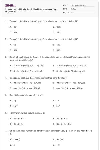 220 câu trắc nghiệm Lý thuyết điều khiển tự động có đáp án (Phần 5)