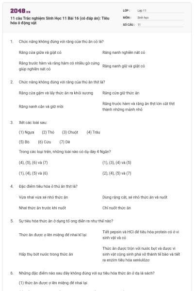 11 câu  Trắc nghiệm Sinh Học 11 Bài 16 (có đáp án): Tiêu hóa ở động vật