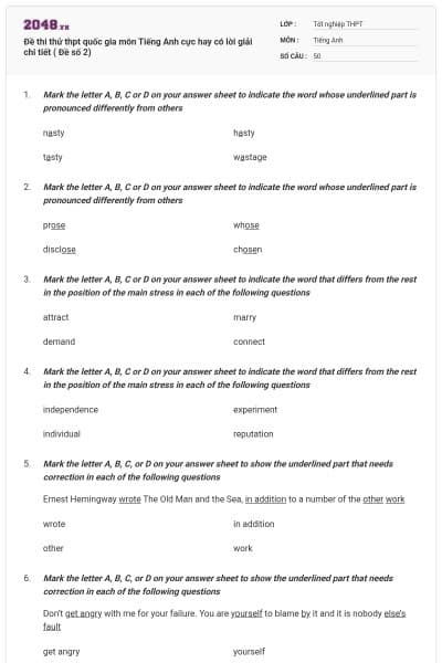Đề thi thử thpt quốc gia môn Tiếng Anh cực hay có lời giải chi tiết ( Đề số 2)