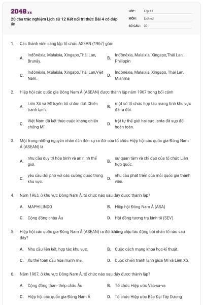 20 câu trắc nghiệm Lịch sử 12 Kết nối tri thức Bài 4 có đáp án