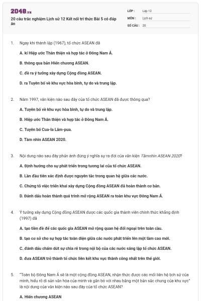 20 câu trắc nghiệm Lịch sử 12 Kết nối tri thức Bài 5 có đáp án
