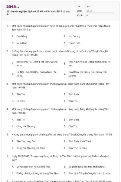 26 câu trắc nghiệm Lịch sử 12 Kết nối tri thức Bài 6 có đáp án