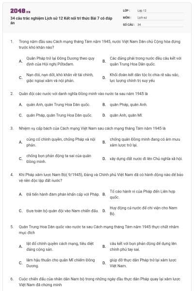 34 câu trắc nghiệm Lịch sử 12 Kết nối tri thức Bài 7 có đáp án