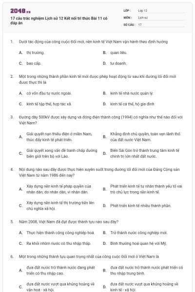 17 câu trắc nghiệm Lịch sử 12 Kết nối tri thức Bài 11 có đáp án