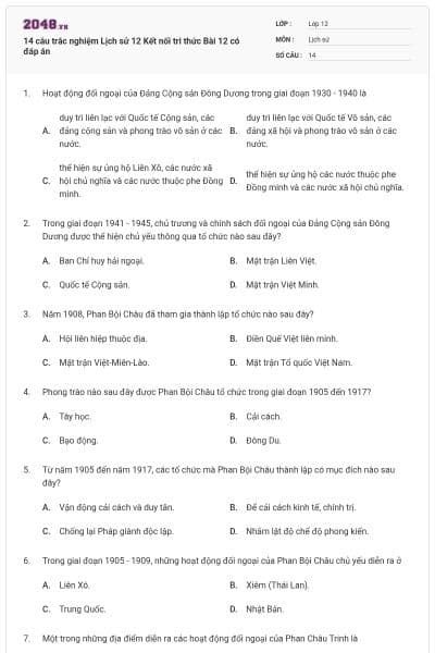 14 câu trắc nghiệm Lịch sử 12 Kết nối tri thức Bài 12 có đáp án
