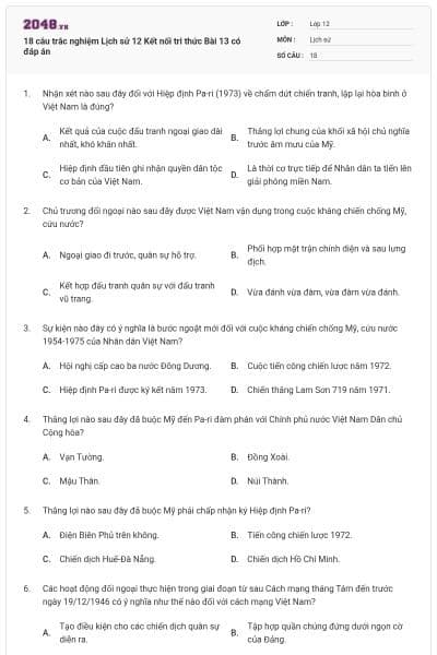 18 câu trắc nghiệm Lịch sử 12 Kết nối tri thức Bài 13 có đáp án