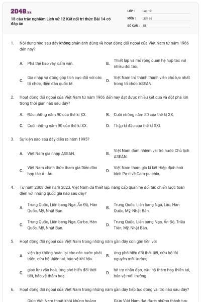 18 câu trắc nghiệm Lịch sử 12 Kết nối tri thức Bài 14 có đáp án