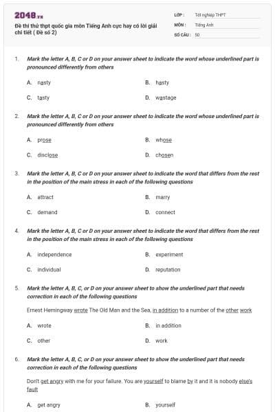 Đề thi thử thpt quốc gia môn Tiếng Anh cực hay có lời giải chi tiết ( Đề số 2)