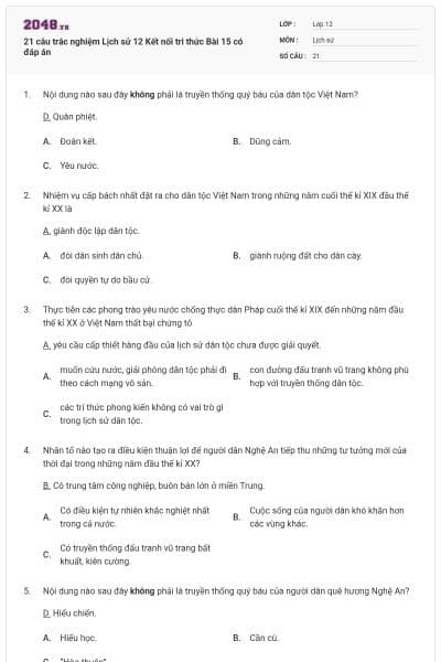 21 câu trắc nghiệm Lịch sử 12 Kết nối tri thức Bài 15 có đáp án