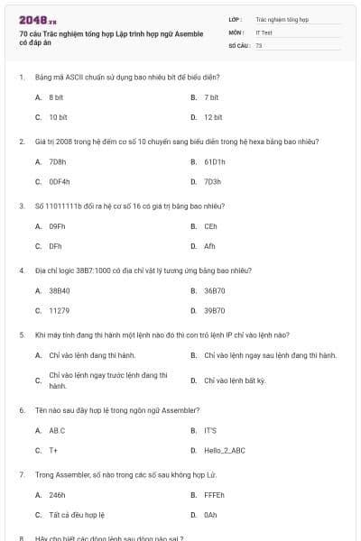 70 câu Trắc nghiệm tổng hợp Lập trình hợp ngữ Asemble có đáp án