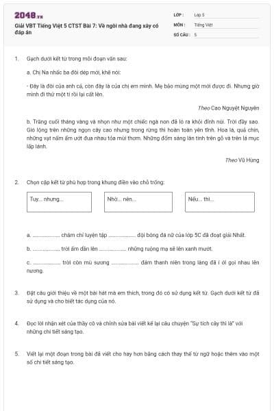 Giải VBT Tiếng Việt 5 CTST Bài 7: Về ngôi nhà đang xây có đáp án
