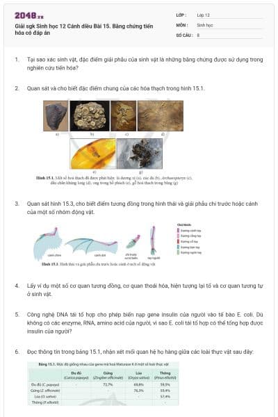 Giải sgk Sinh học 12 Cánh diều Bài 15. Bằng chứng tiến hóa có đáp án