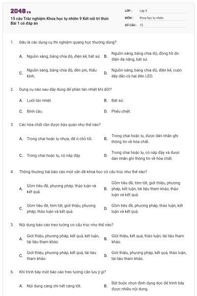 15 câu Trắc nghiệm Khoa học tự nhiên 9 Kết nối tri thức Bài 1 có đáp án