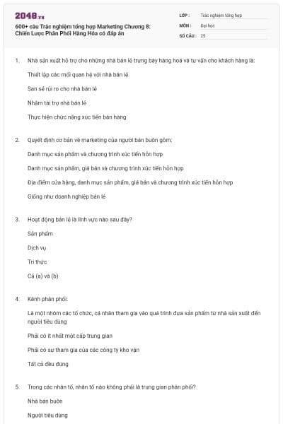 600+ câu Trắc nghiệm tổng hợp Marketing Chương 8: Chiến Lược Phân Phối Hàng Hóa có đáp án
