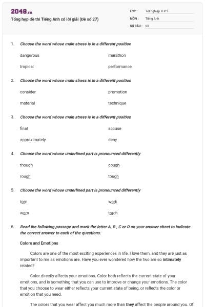 Tổng hợp đề thi Tiếng Anh có lời giải (Đề số 27)