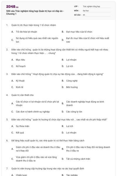 500 câu Trắc nghiệm tổng hợp Quản trị học có đáp án - Chương 1