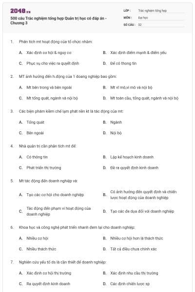 500 câu Trắc nghiệm tổng hợp Quản trị học có đáp án - Chương 3