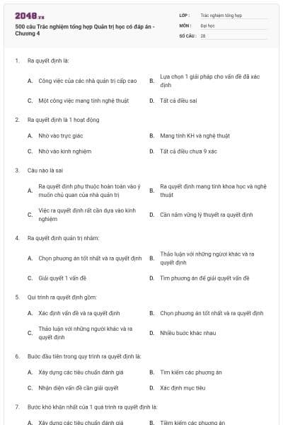 500 câu Trắc nghiệm tổng hợp Quản trị học có đáp án - Chương 4