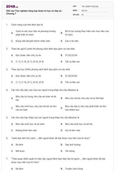 500 câu Trắc nghiệm tổng hợp Quản trị học có đáp án - Chương 7