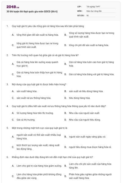 30 Đề luyện thi thpt quốc gia môn GDCD (Đề 6)