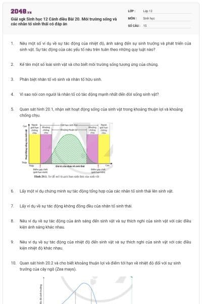 Giải sgk Sinh học 12 Cánh diều Bài 20. Môi trường sống và các nhân tố sinh thái có đáp án