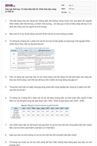 Giải sgk Sinh học 12 Cánh diều Bài 26. Phát triển bền vững có đáp án